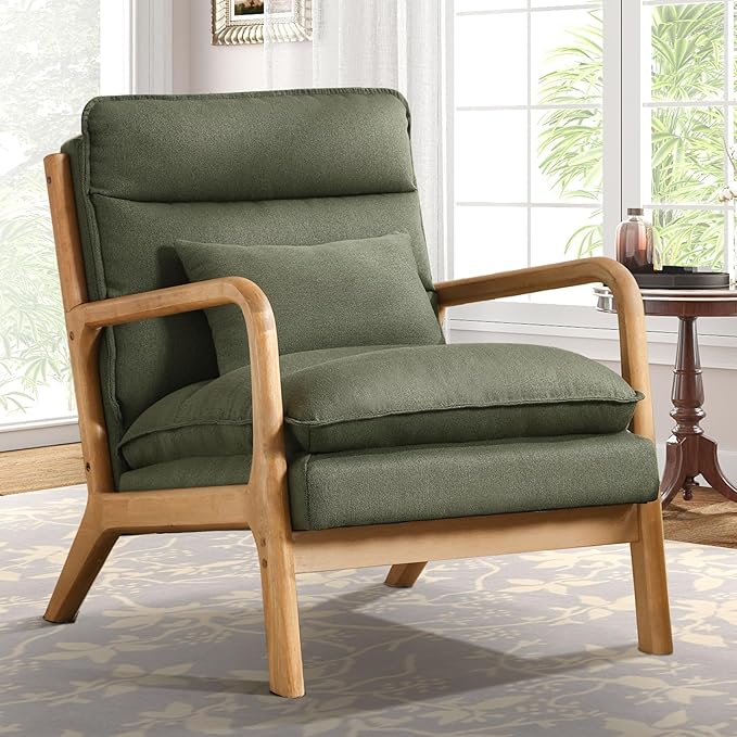 IOMOR Mid Century Modern Accent Chair, Upholstered Lounge Armchair with Plump Back Pillow, Comfy Reading Chair with Solid Wood Frame for Bedroom Living Room, Green