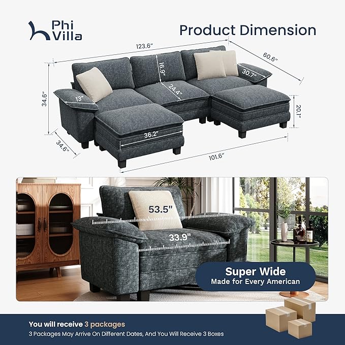 PHI VILLA Cloud Modular Couch Sets, 123.6" Sectional Sofa with U-Shaped Chaise, 5-Seater Couches with 2 Movable Ottomans for Living Room, Chenille Fabric, Dark Cyan