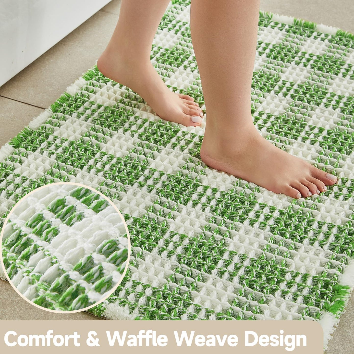 Waffle Bath Mat, Boho Bathroom Rugs Non Slip Washable Absorbent Checkered Bathroom Mat Quick Dry Cute Bath Mat, 36"x24" Green and White