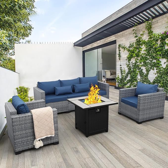 4 Piece Wicker Patio Furniture Sets Outdoor Conversation Set PE Rattan Sectional Sofa Couch with Fire Pit Table and Royal Blue Cushions