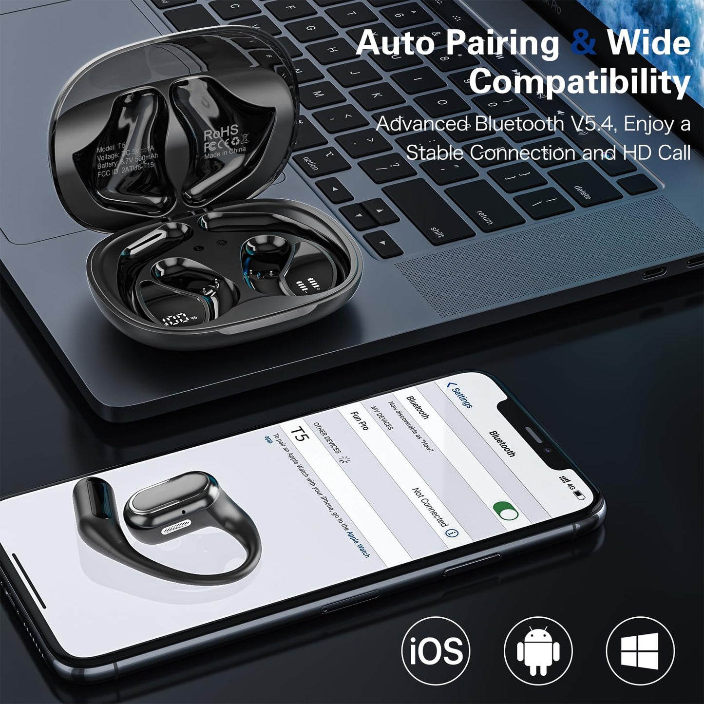 Byobyc Bluetooth 5.4 Headphones True Wireless Stereo Earbuds 40H Playtime LED Power Display Earphones with lPX5 Waterproof Open Ear Buds for Sporting, Working, Studying Black