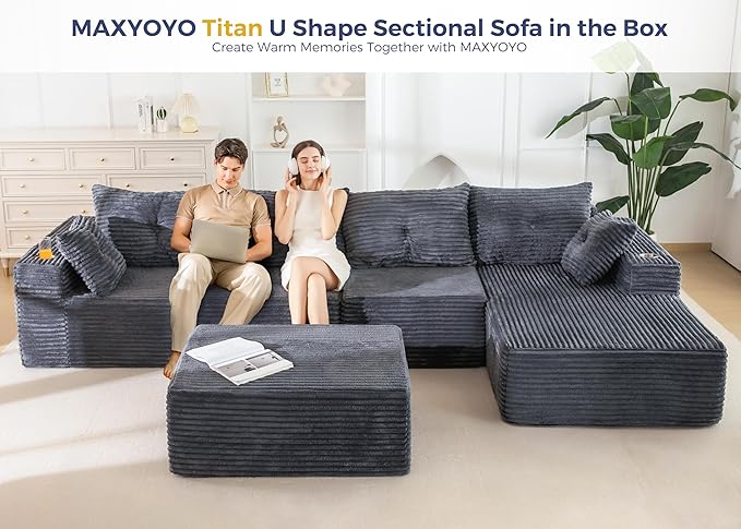 MAXYOYO 132" Giant U-Shaped Modular Sectional Couch, Modern Boneless Couch for Living Room, Sofa in A Box, Oversized Sofa Sleeper with Deep Seat, No Assembly Required, Dark Grey