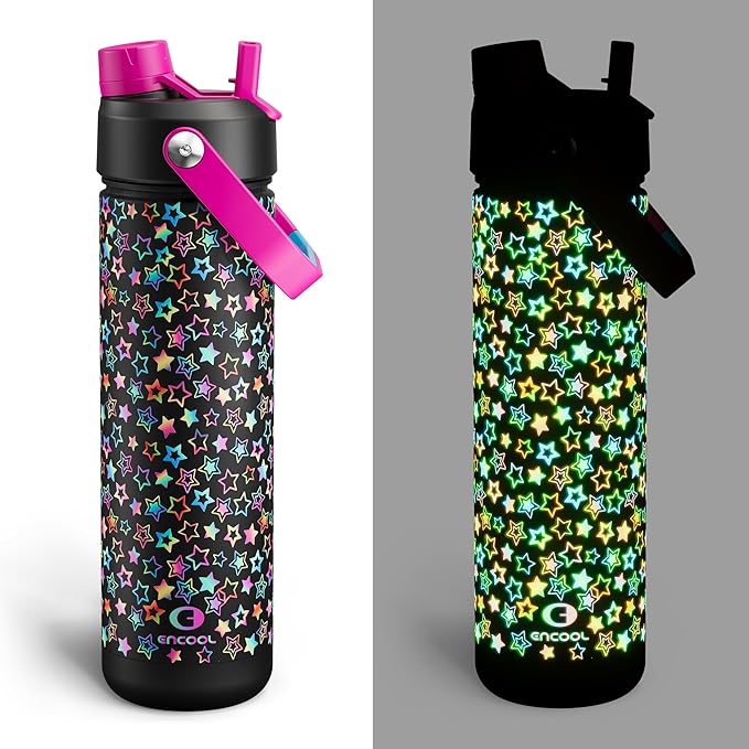 ENCOOL Insulated Water Bottle with Straw Stainless Steel Water Bottle, Leak-Proof, BPA-Free, Double Wall Vacuum Keeps Cold for 24 Hours for Sports, Travel, School (26 oz, Neon Starfall)