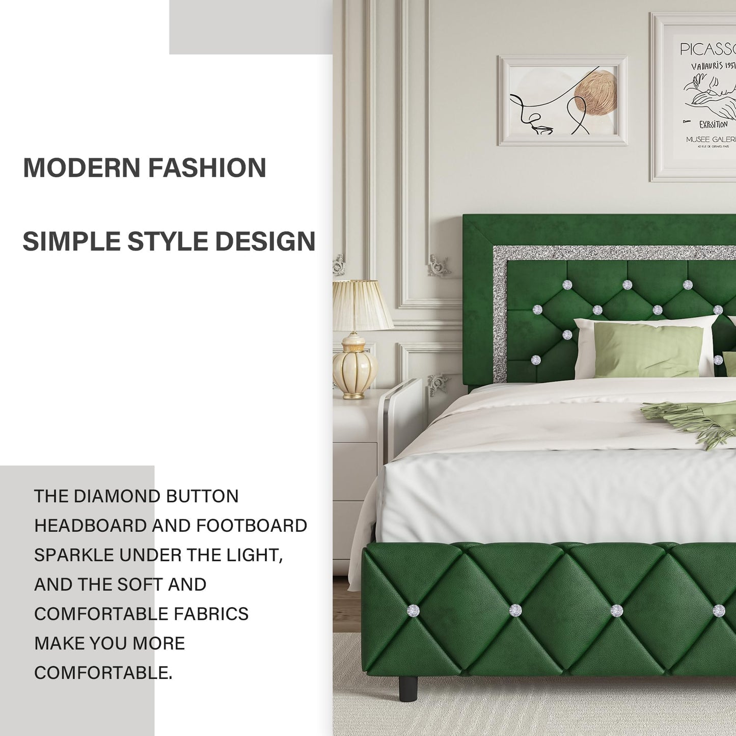 Twin Bed Frames with Headboard, Faux Leather Upholstered Bed with Diamond Tufted Design, Modern Platform Bed with Wooden Slats Support, No Box Spring Required, Easy Assembly, Green