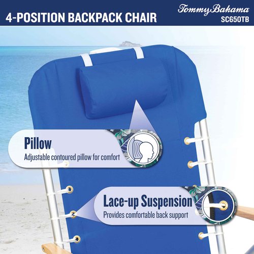 Tommy Bahama Hi-Boy 17" Seat Height 4-Position Lace-Up Suspension Folding Backpack Beach Chair, Logo Stripe