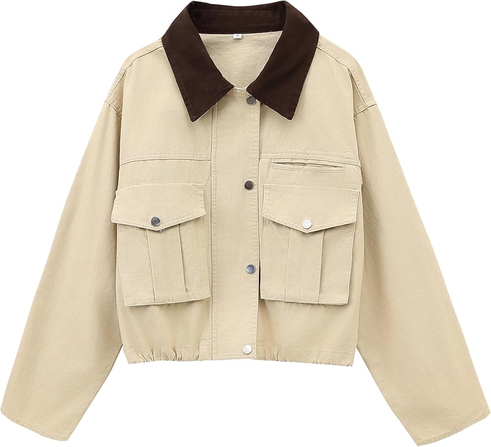 Megfie Womens Cropped Jacket Contrast Collar Utility Coat Cargo Jacket Barn Jacket Outwear with Pockets
