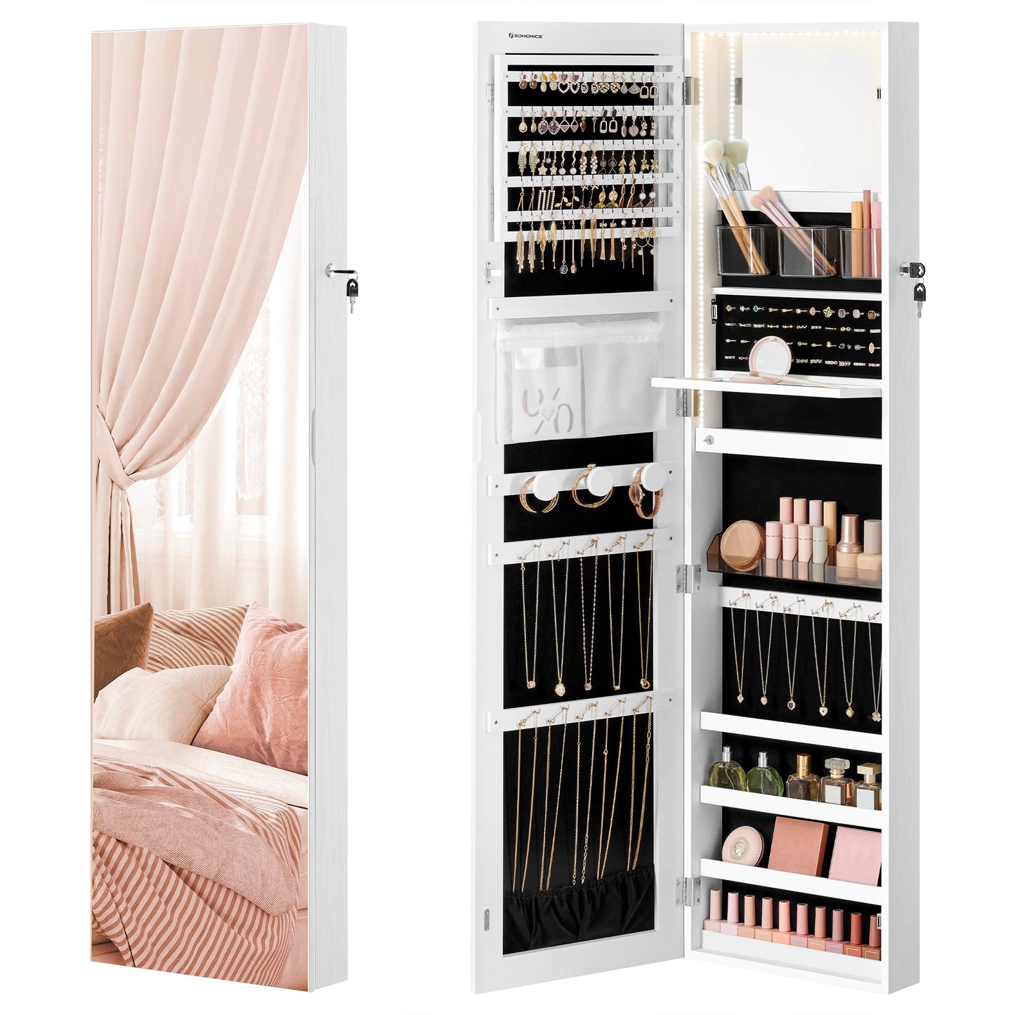 SONGMICS 55 Inches Tall Spacious Jewelry Cabinet, Jewelry Armoire with Light-Up Interior Mirror, Wall or Door Mounted Jewelry Storage Organizer, Lockable, Gift Idea, Cloud White UJJC032W01