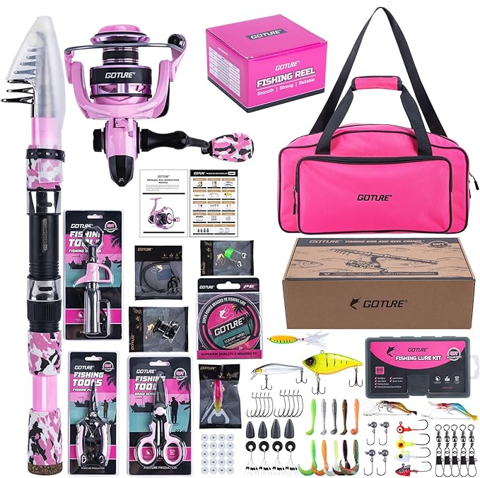 Goture Fishing Rod and Reel Combo - Green Telescoping Fishing Pole Portable Travel Kit with Carrier Bag for Freshwater Sal...