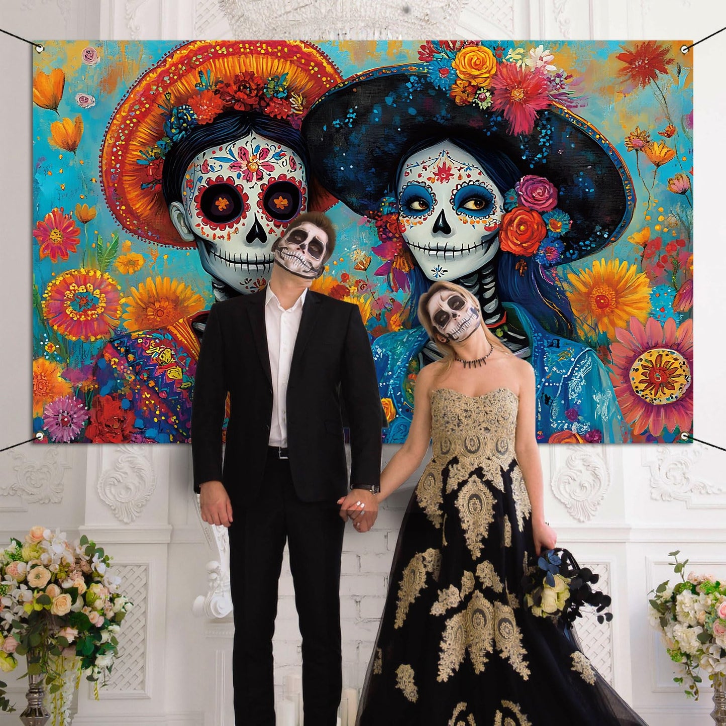 Buxiuer Day of The Dead Photo Booth Backdrop Día De Los Muertos Decorations Mexican Sugar Skull Marigold Bulletin Board Wall Decor