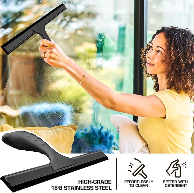 All-Purpose Stainless Steel Shower Squeegee for cGlass Door with 2 Adhesive Hooks, Bathroom Cleaner Tool Household Window Mirror Squeegee for Shower Glass, Car, Cleaning Tile Wall, 10 Inch Black