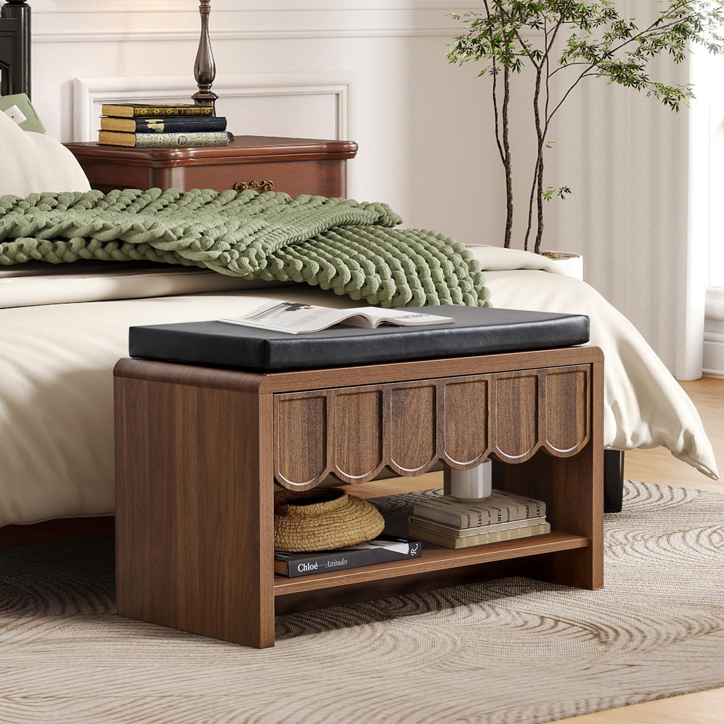Shoe Storage Bench with Cushion, Shoe Rack Organizer Cabinet Bench with Wave Panel Drawer and Open Shelf for Entryway, Hallway, Living Room (Walnut)