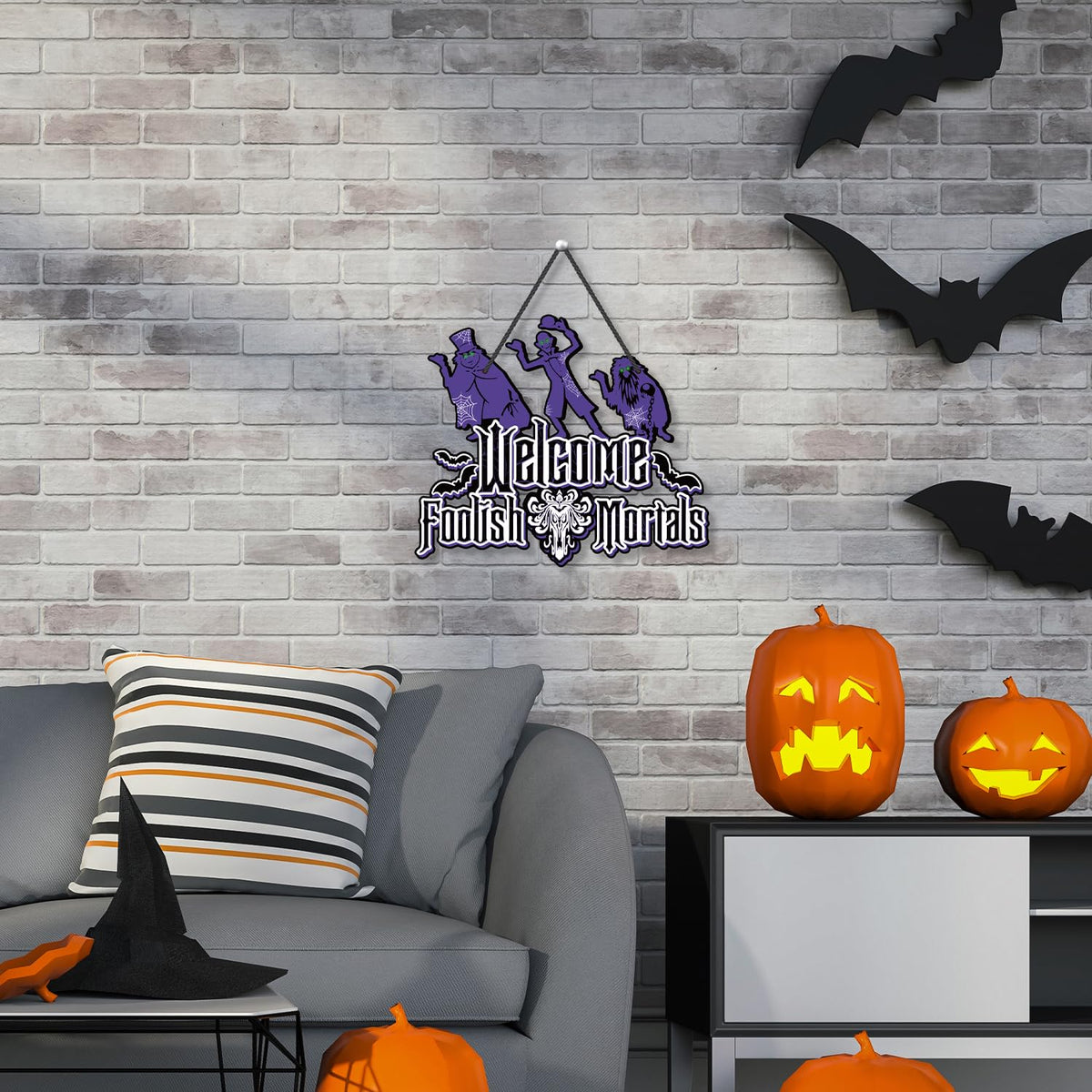 Halloween Welcome Foolish Mortals Wood Signs, Halloween Haunted House Decorations for Home Garden Door Hanging Printed Welcome Foolish Mortals Sign, Fun Haunted House Decor