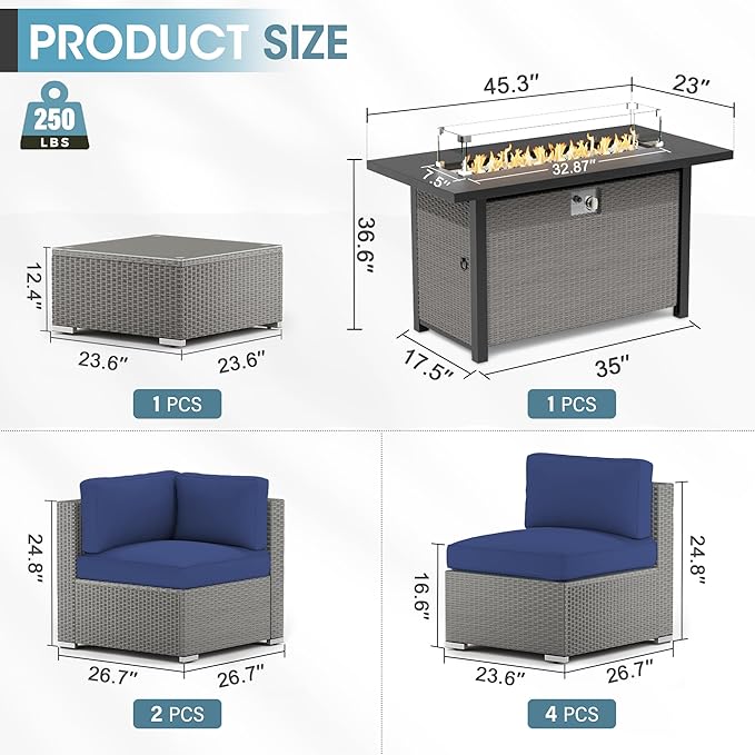 Crownland 8-Piece Outdoor Patio Furniture Sets with 45” Propane Gas Fire Pit Table, All-Weather Grey Wicker Rattan Sectional Sofa with Coffee Table(Dark Blue)