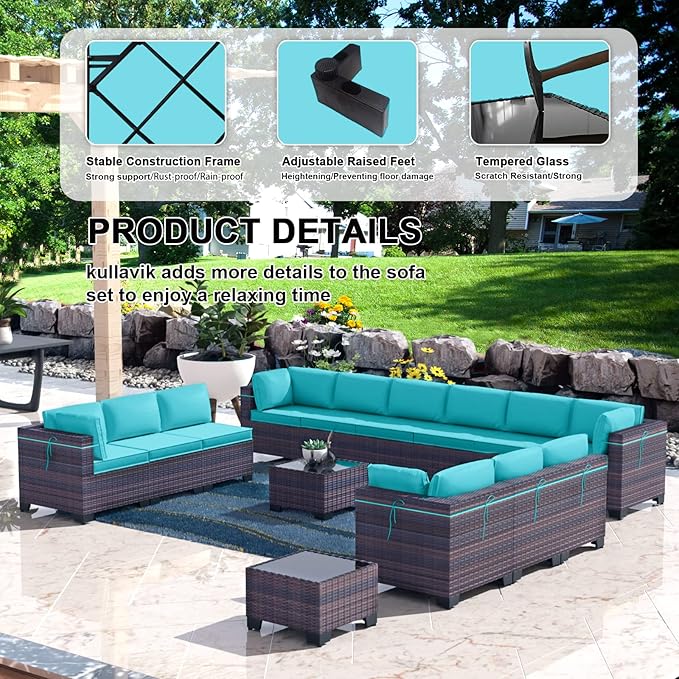 Kullavik 14 Pieces Outdoor Patio Furniture Set,Sectional Rattan Sofa Set Brown PE Rattan Wicker Patio Conversation Set with Tempered Glass Coffee Tables and Washable Cushions Covers,Turquoise Blue