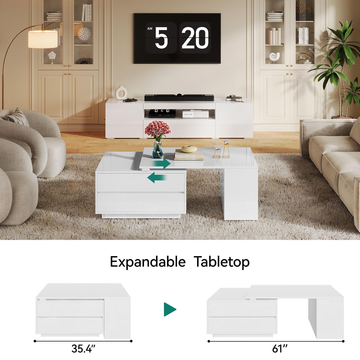 YITAHOME Coffee Table LED Coffee Table with 4 Storage Drawers, Extendable Coffee Tables for Living Room, Modern Wooden Rectangle Cocktail Table with Open Shelves & Sliding Tabletop 35"- 61", White