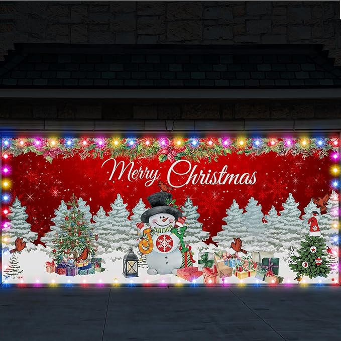 Ganeen 6.4x16 ft LED 2025 Christmas Garage Door Banner String Light Large Rustic Xmas Garage Door Decorations Xmas Banner ...