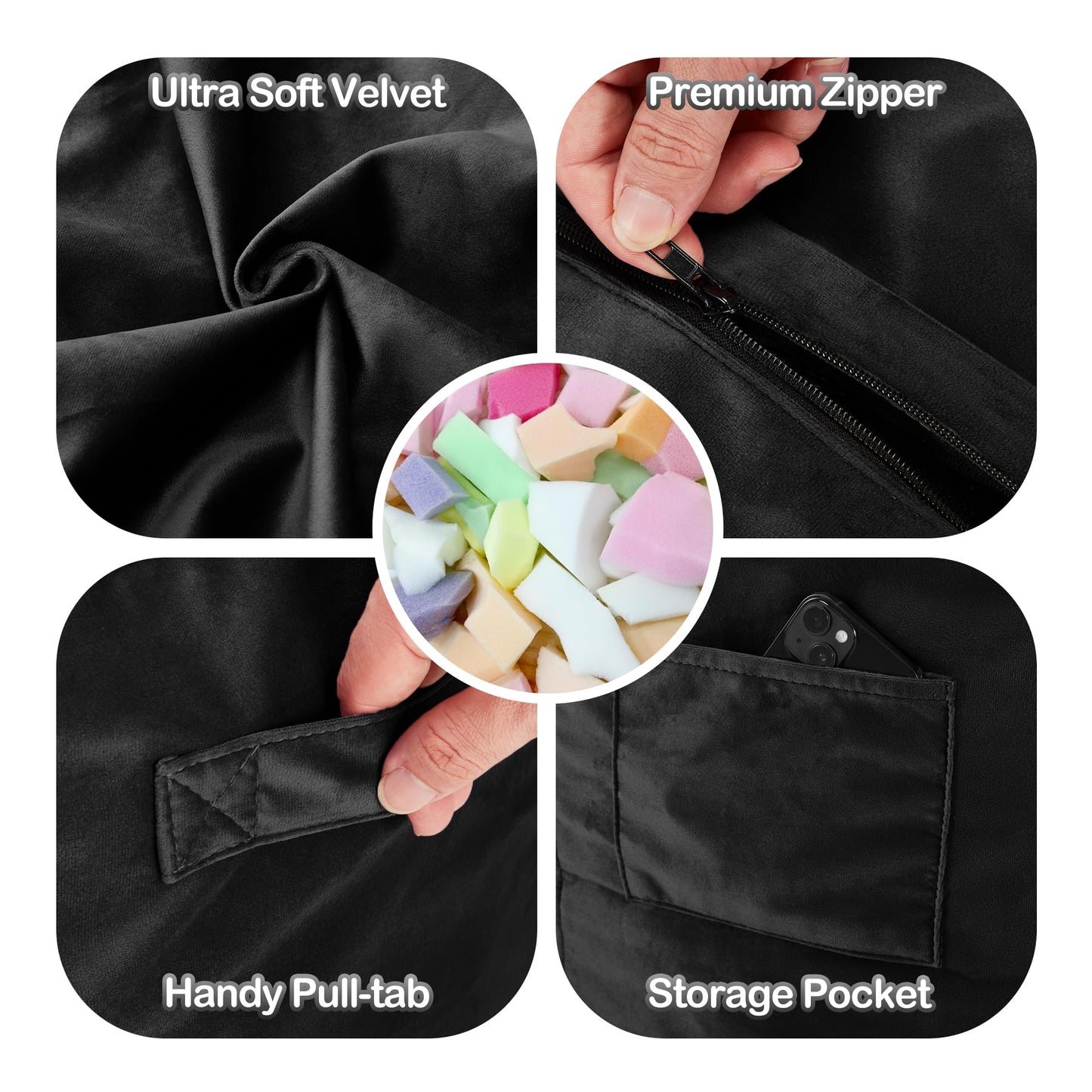 Homguava 6FT Bean Bag Chair Giant BeanBag with Memory Foam Filled, Large Bean Bag Chairs for Adults, Adult Bean Bag Chair with Dutch Velvet Cover for Living Room Bedroom-Black