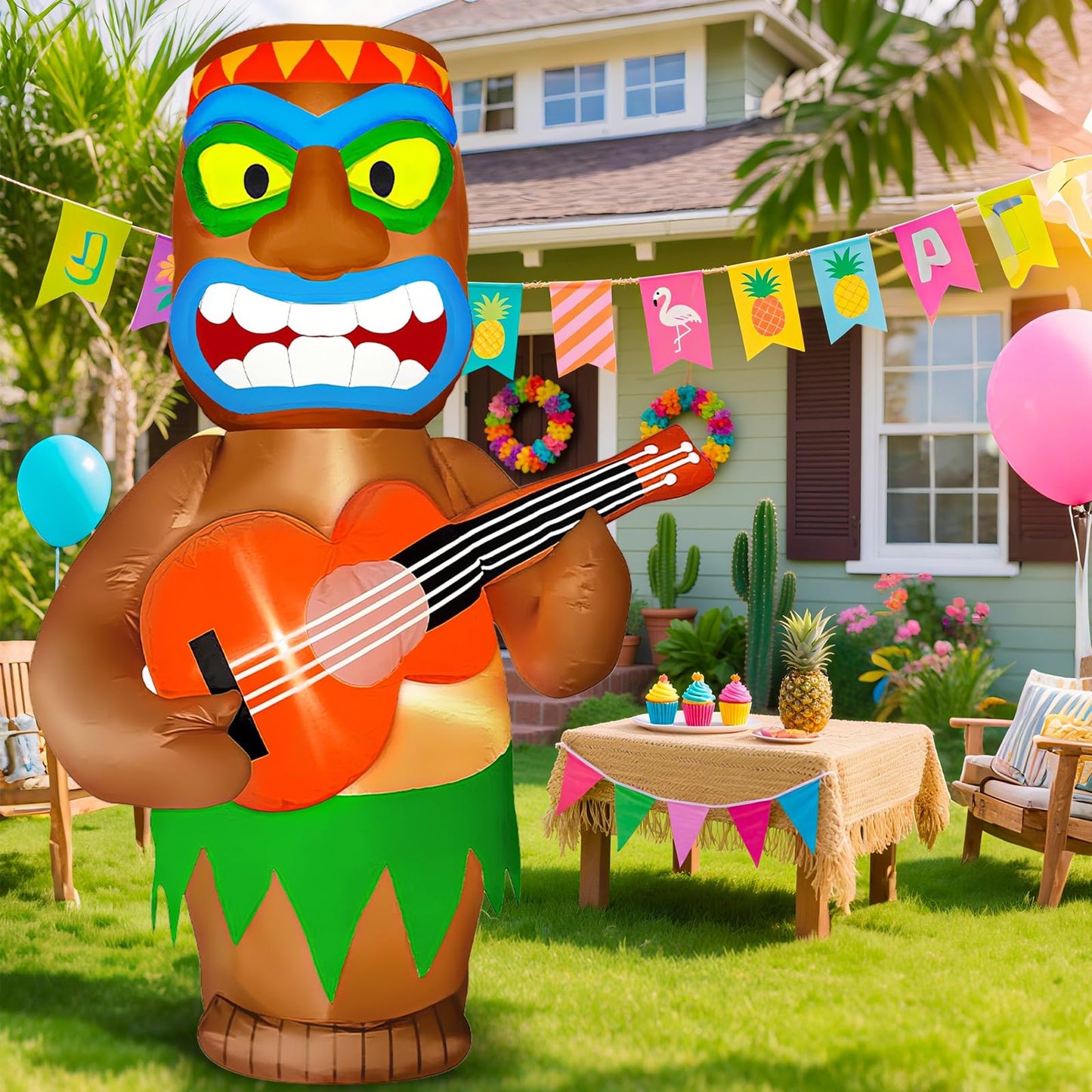 TURNMEON 6 FT Inflatable Tiki Playing Guitar Outdoor Luau Hawaiian Tropical Party Decoration, Built-in LED Lights Blow up Tiki Man Bar Decor for Yard Lawn Garden Beach Summer Pool Party Favor Supplies