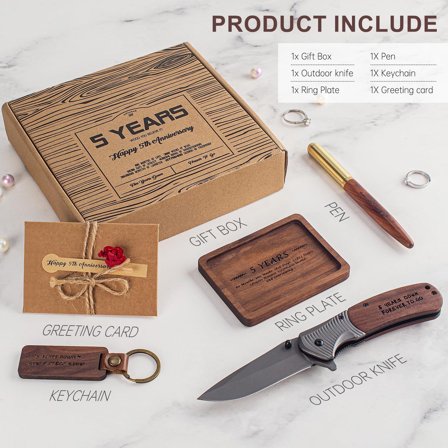 5 Year Anniversary Wooden Gift for Him Wood Gifts Set for 5th Wedding Anniversary 5 Years of Marriage Present for Men Husband Couple Unique Keepsake Including:pocket Knife&ring Dish&pen&keychain