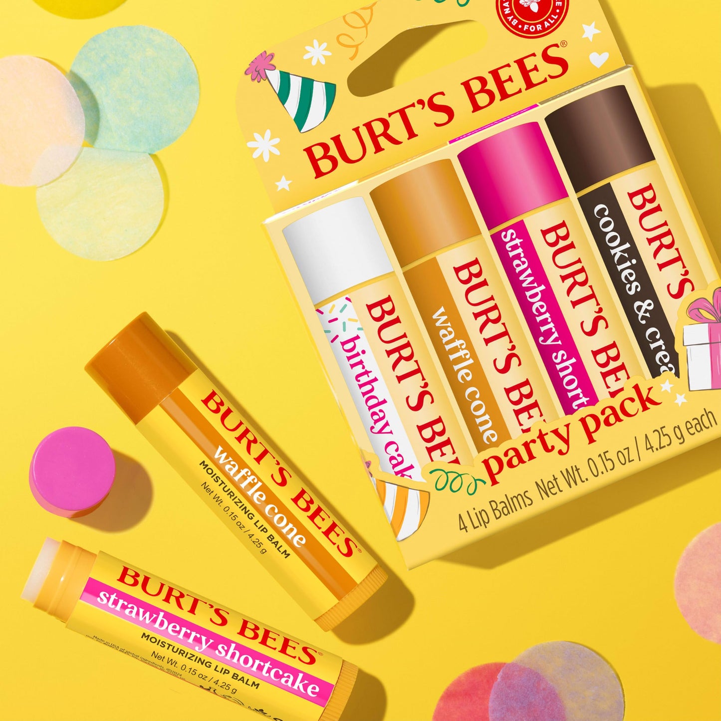 Burt's Bees Lip Balm Party Pack - Birthday Cake, Waffle Cone, Strawberry Shortcake, and Cookies & Cream, All Day Moisturizer, Ti