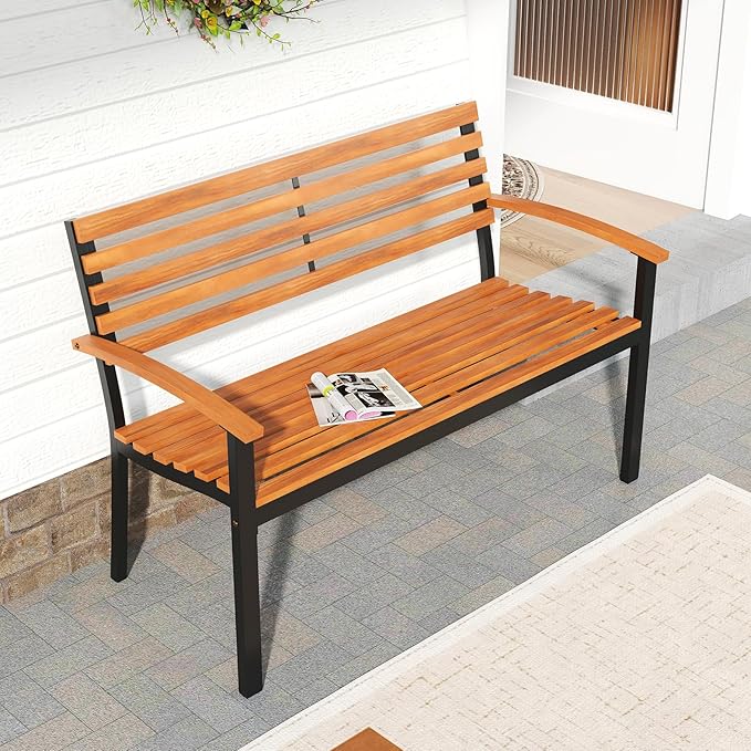 Tangkula 43" Outdoor Garden Bench, 2-Person Acacia Wood Bench with Heavy-Duty Metal Frame, Slatted Seat & Curved Armrests, 800 lbs Weight Capacity, Patio Bench for Porch, Yard, Balcony, Lawn