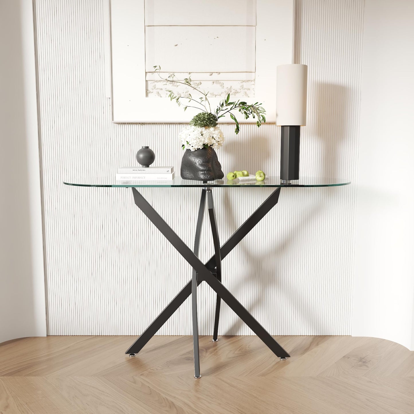 GOLDFAN Oval Console Table Modern Narrow Sofa Table with Tempered Glass Top and Black Metal Legs for Home Office