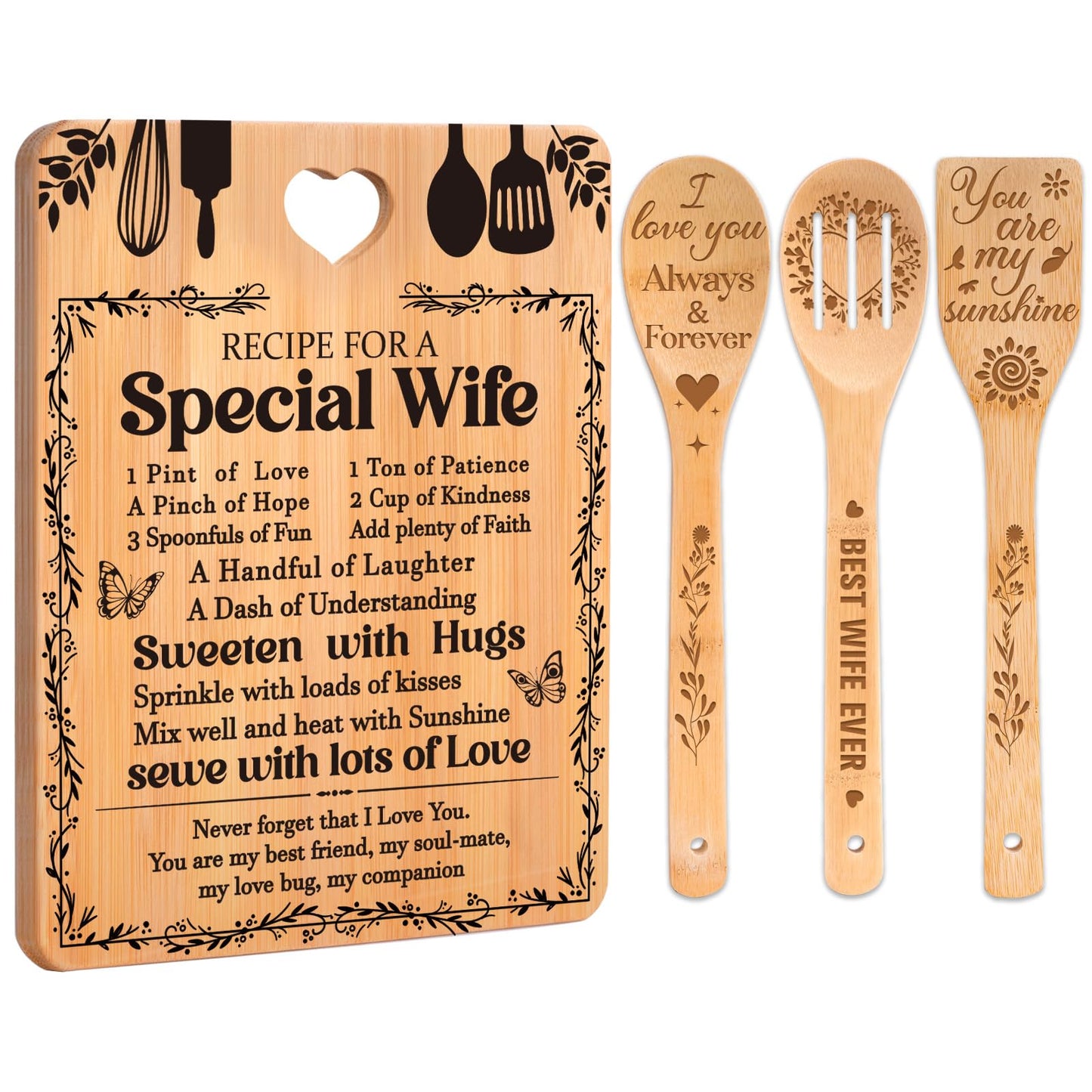Gifts for Wife - "Recipe for a Special Wife" Birthday Gifts for Wife Cutting Board Set, Bamboo-Made Engraved Utensil Set Wife Gifts for Birthday/Christmas Gifts for Wife