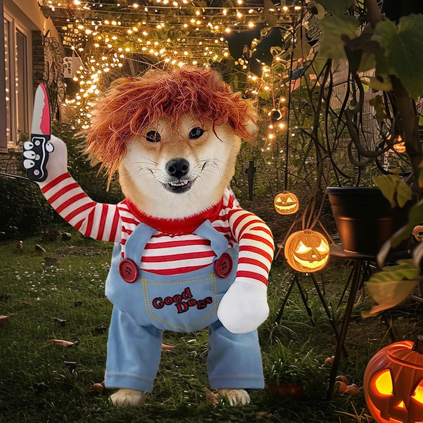 Dog Costumes, Deadly Doll Dog Costume, Chucky Dog Costume with Knife for Pets, Frenchie Clothes, Funny Dog Halloween Costume for Medium Dogs [M]