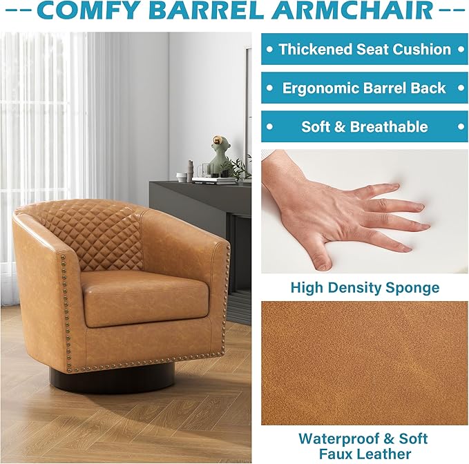 UIXE Swivel Barrel Accent Chairs Set of 2, Faux Leather Club Chair Upholstered Round Armchair for Living Room, Comfy Single Sofa Bedroom Reading Seat - Coffee