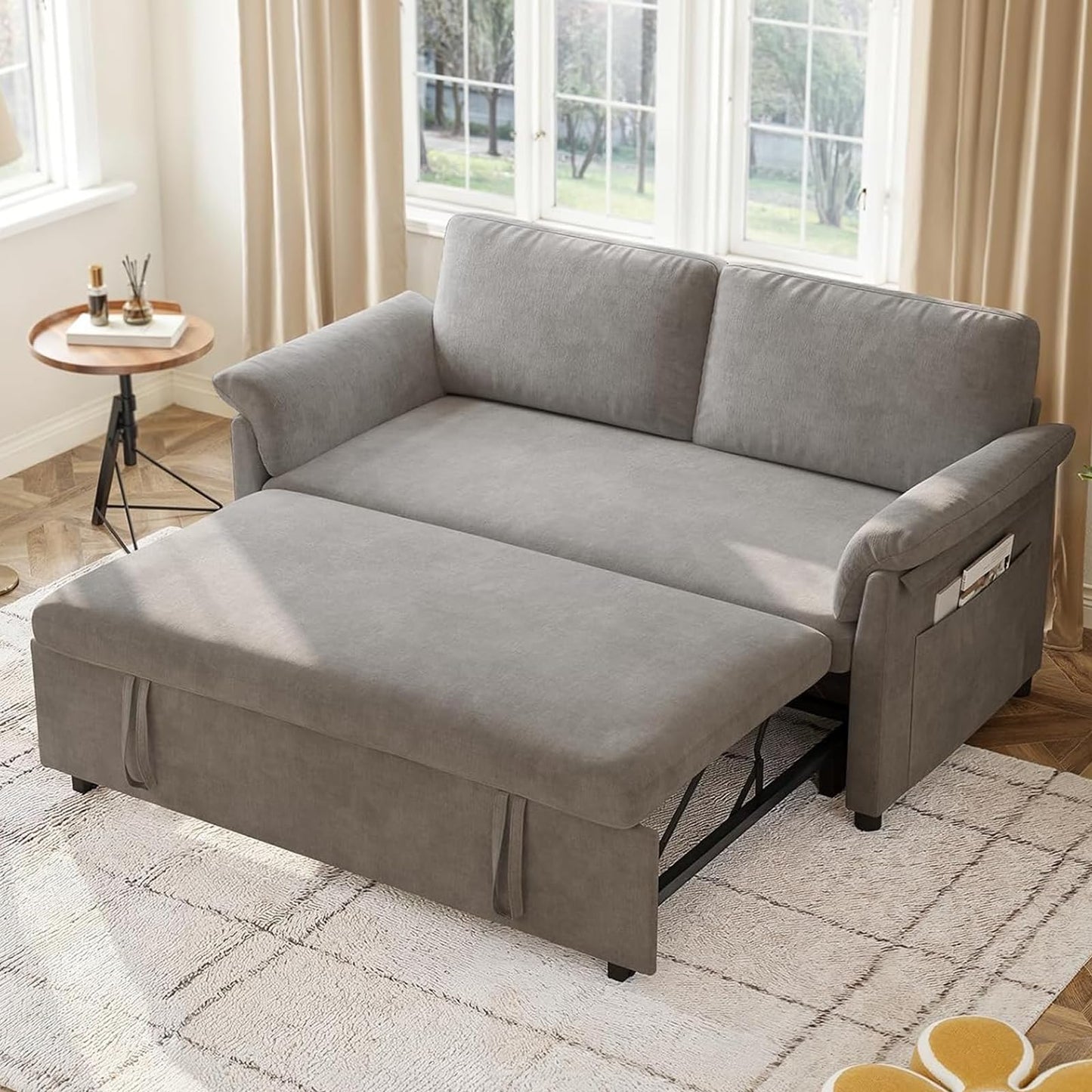 ONBRILL 3 in 1 Pull Out Couch, 59 Inch Convertible Sleeper Sofa Bed,Chenille Sofa Bed w/Adjustable Backrest, Side Pockets, Small Couches for Living Room, Bedroom, Grey