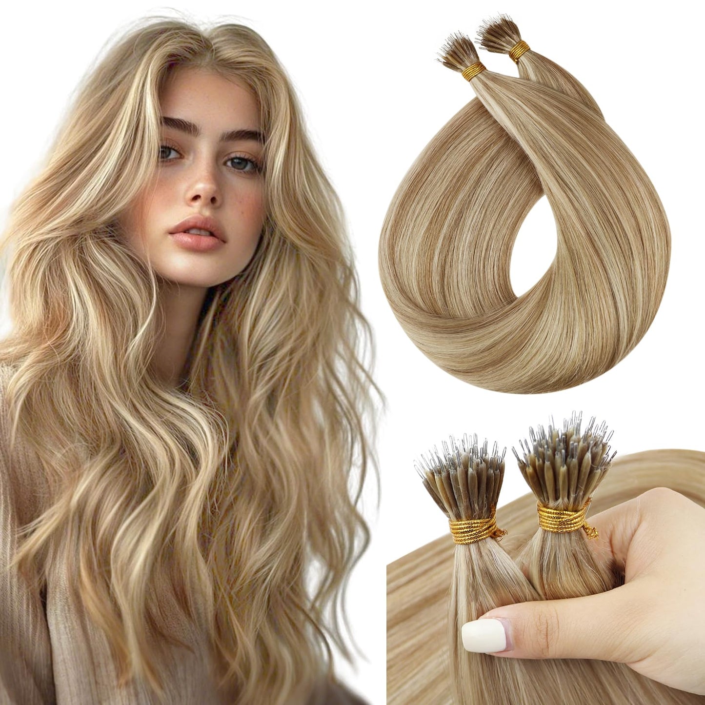 Sunny Hair Nano Tip Hair Extensions Blonde Remy Nano Ring Hair Extensions Natural Blends Light Blonde with Platinum Remy Hair 16