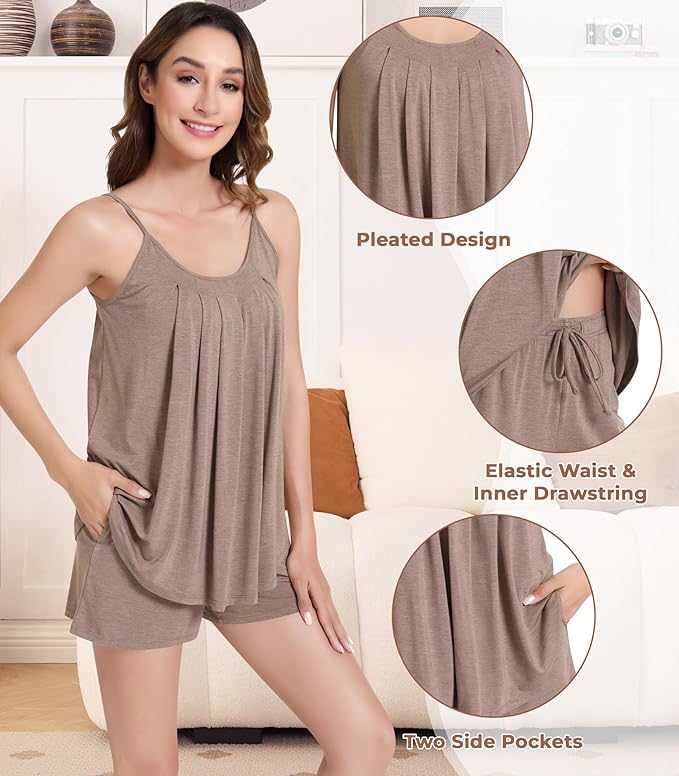 NACHILA Pajamas for Women-Viscose from Bamboo, Ribbed Racerback Tank Top Sexy Split Shorts Pajama Sets Cooling Sleep Cami Pjs