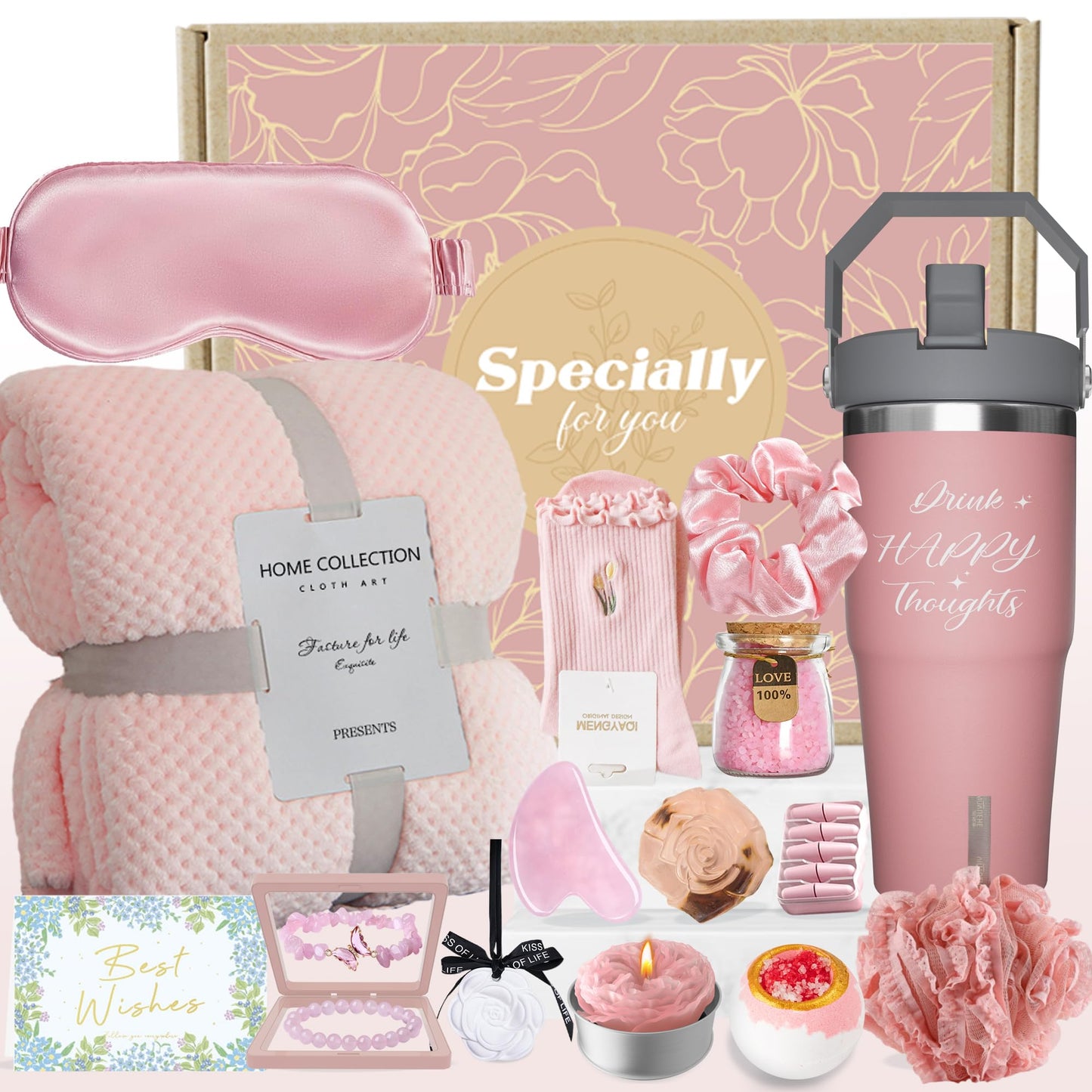 Birthday Gifts for Women Self Care Gifts Get Well Soon Gifts, Rose Relaxing Spa Gifts Basket Care Package w/Luxury Flannel Blanket, Unique for Mom Her Friend Sister Wife Grandma