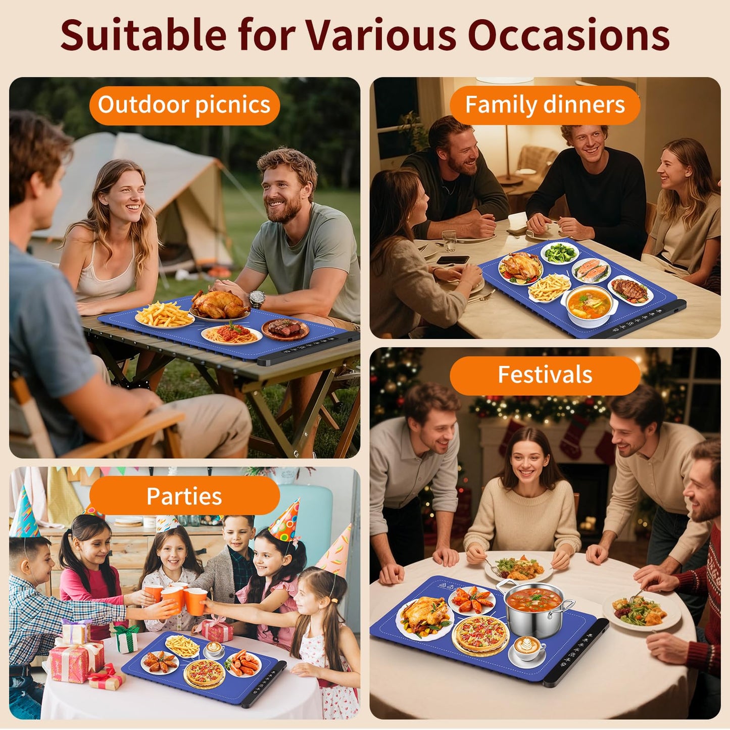 Warming Mat for Food, Silicone Electric Warming Tray with 4 Adjustable Temps & Timer, Food Warming Mat for Countertop, Foldable Portable Food Warmer Mat for Buffets, Parties, Kitchen, Family
