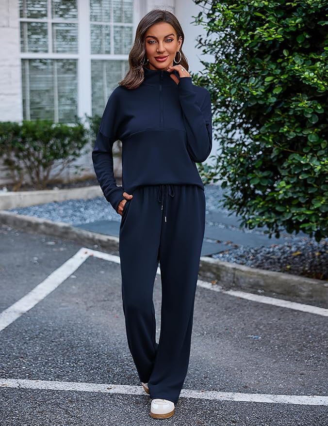 Totatuit Womens Sweatsuits 2 piece Set Lapel Half Zip Lightweight Sweatshirts and Wide Leg Pants Tracksuit Lounge Sets
