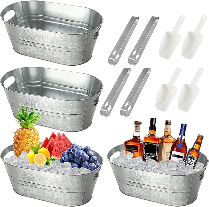 12 Pcs Galvanized Tub Ice Buckets 3 Gallon Metal Champagne Drink Bucket with Handles Large Beverage Tubs Wine Beer Storage...