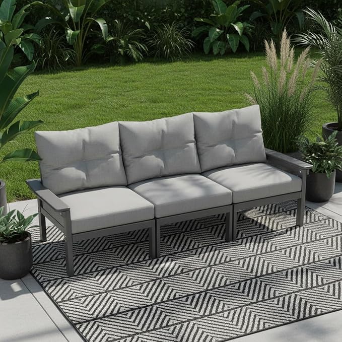 HDPE 3 Piece Patio Furniture Set, All-Weather Outdoor Couch Bistro Set with Thick Cushions, Patio Conversation Sets for Lawn, Garden, Porch, Balcony, Deck, Poolside, Grey