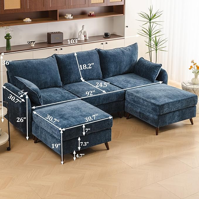 Rexulqo 104'' Modular Sectional Sofa with All Seats Storage, Oversized U Shaped Couch,Comfy Cloud Couches with Movable Ottoman,24.5'' Deep Seat,Large Sectional for Living Room,Bedroom,Velet,Blue