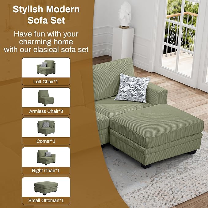 Legend Vansen Oversized Modular Sectional Sofa,7 Seat U Shaped Couch with Ottoman,Corduroy Sofa with Deep Seat,Convertible Large Sectional Couches for Living Room (Olive, L-7)