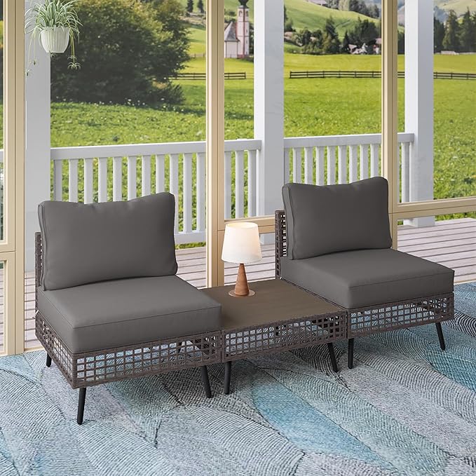 LAUSAINT HOME 3 Pieces Outdoor Sectional Sofa Set, All-Weather PE Wicker Rattan Patio Conversation Set with Thick Cushions & Coffee Table, Patio Furniture Set for Garden, Backyard, Porch (Grey)