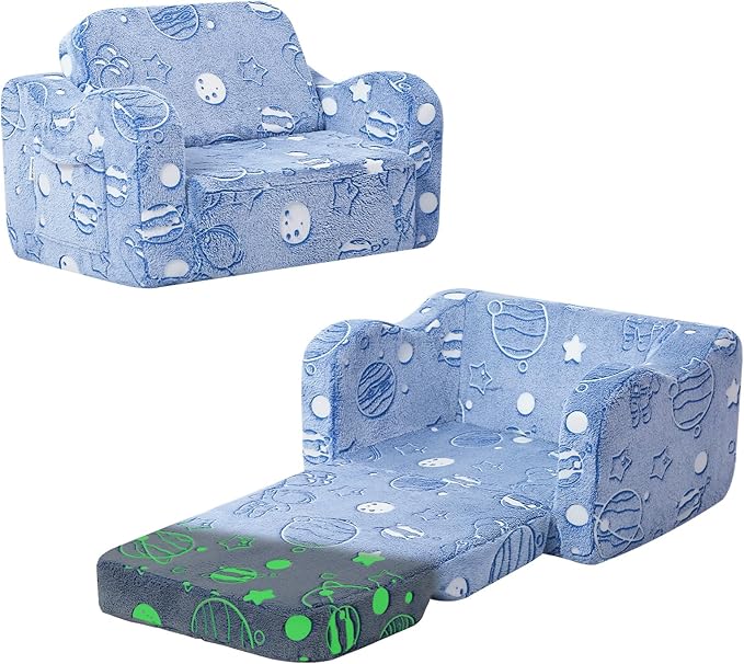 MeMoreCool Toddler Sofa Bed – Glow-in-The-Dark Astronaut Chair for Kids, 2-in-1 Fold-Out Lounger (Denim Planet) Soft Foam | Machine Washable Cover | Ages 1–3 | Playroom & Nursery Nap Couch