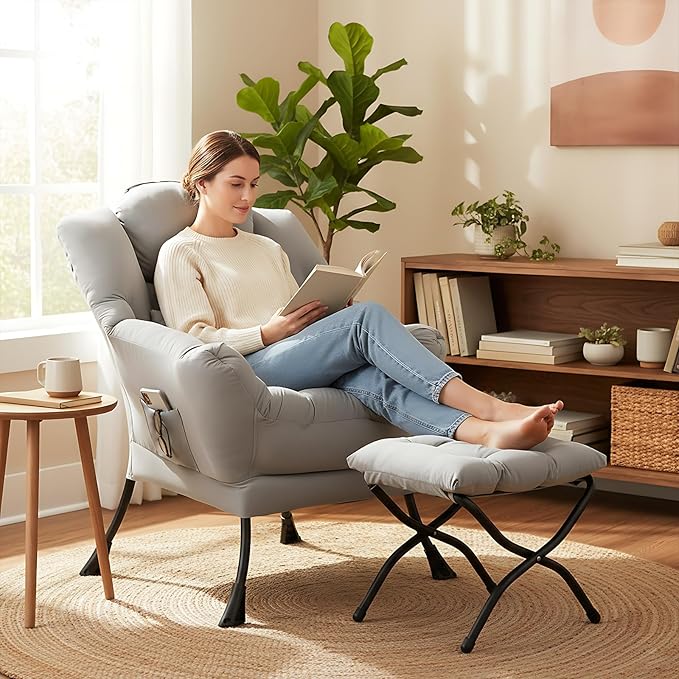 Furlide Lazy Chair with Ottoman, Modern Lounge Chair with Lumbar Pillow, Accent Cozy Reading Armchair and Folding Footstool for Bedroom, Dorm, Living Room,Light Grey