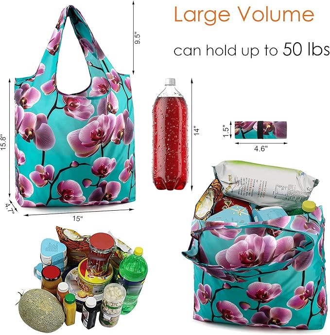 BeeGreen Floral Reusable Grocery Bags Bulk 6 Packs X-Large50LBS, Reusable Shopping Bags Foldable for Groceries, Vegetables, Fruits Bulk Tote Bags Washable For Women Men