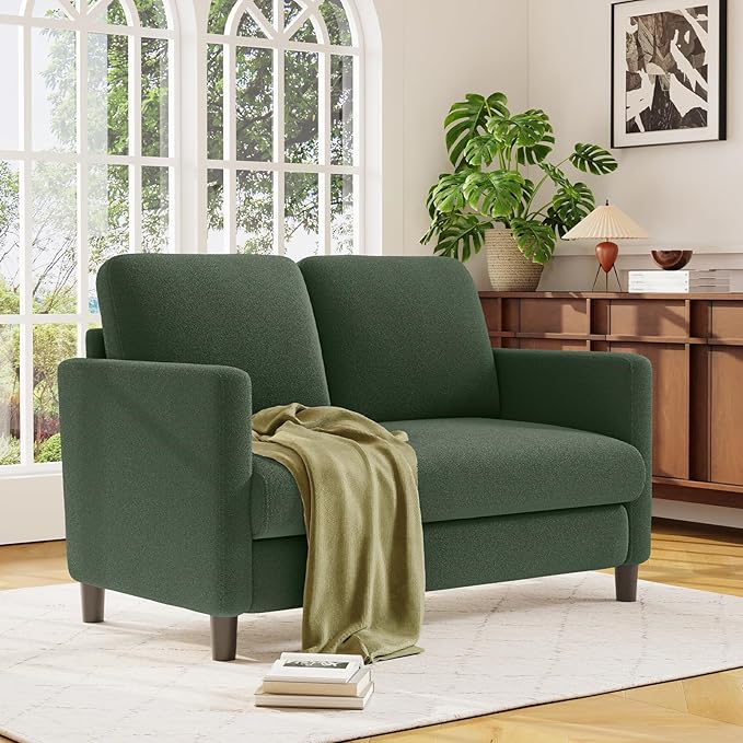 Welzona Loveseat Sofa, 51" Love Seat, Comfy Teddy Small Loveseat for Small Spaces, Tool-Free Setup Couch for Bedroom, All-Wood Couches for Living Room, No Pillow Included, Green