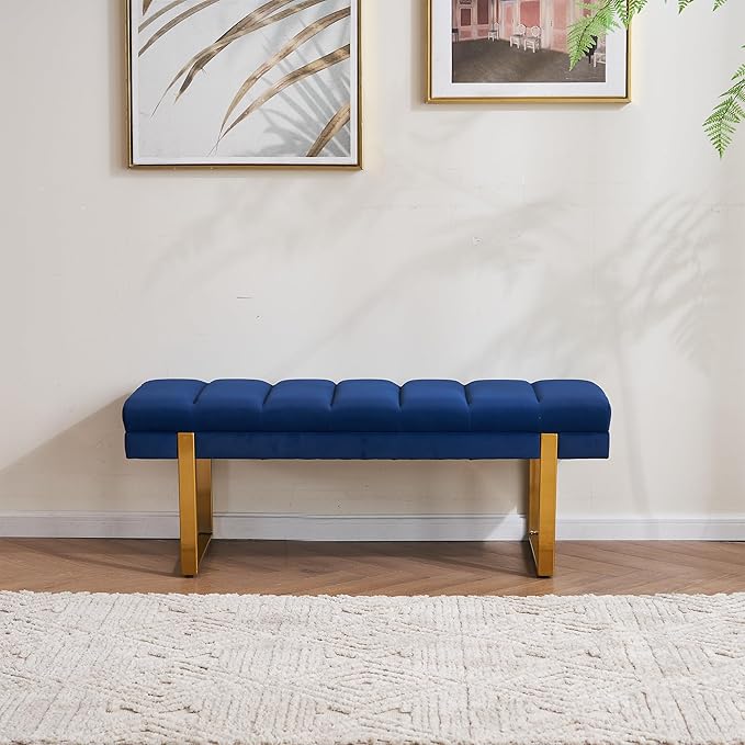 AIITTCC Velvet Ottoman Bedroom Bench, 46.5" Tufted Padded End of Bed Bench with Gold Legs, Upholstered Shoe Bench for Living Room Entryway Window (Navy Blue, 46" Wide)