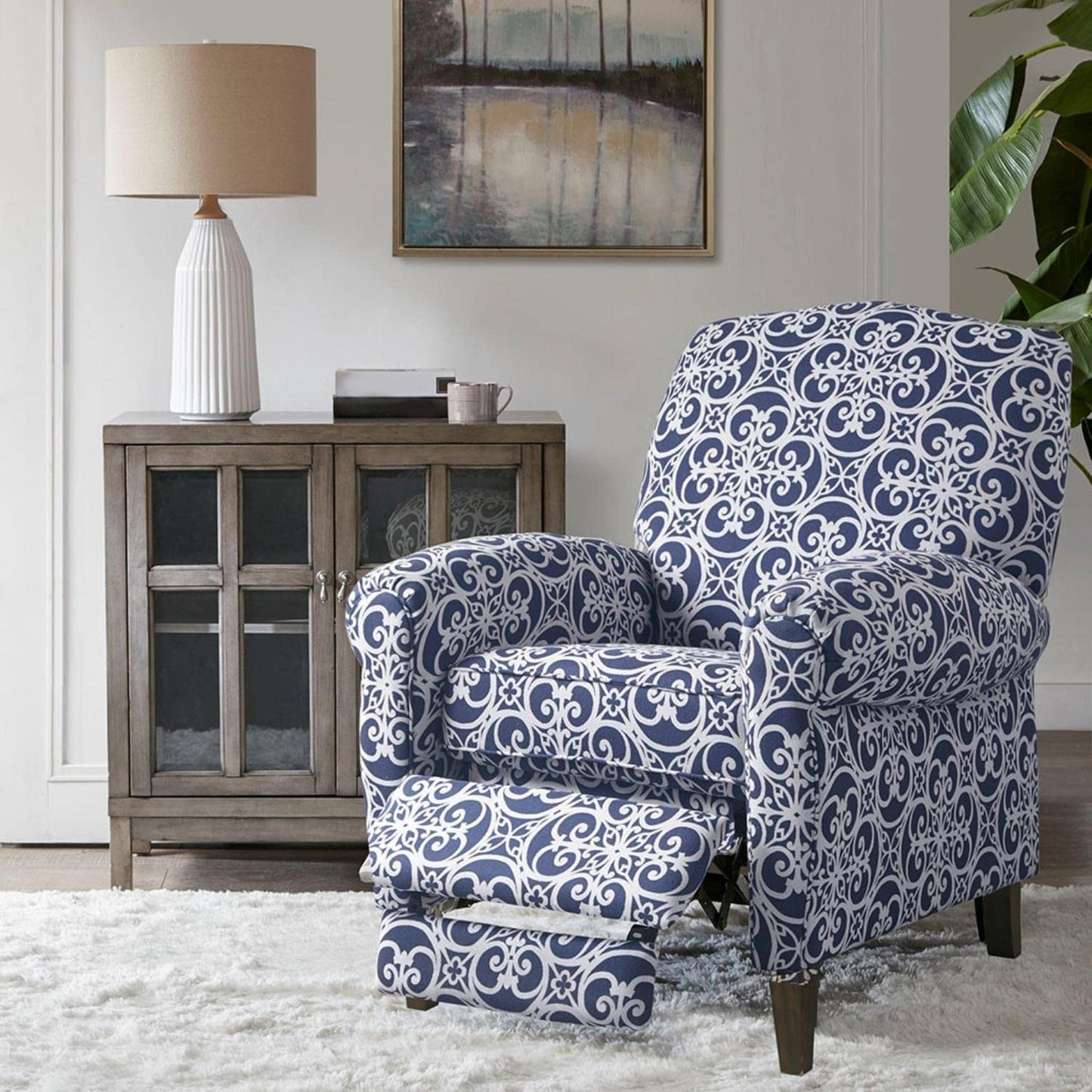 Madison Park Chic Recliner Chair for Living Room, Comfy Reading Chair, Padded Seat Backrest, Solid Wood Legs, Indoor Furniture for Bedroom Décor, Apartment, Single Sofa Home Theater - Navy Kirby