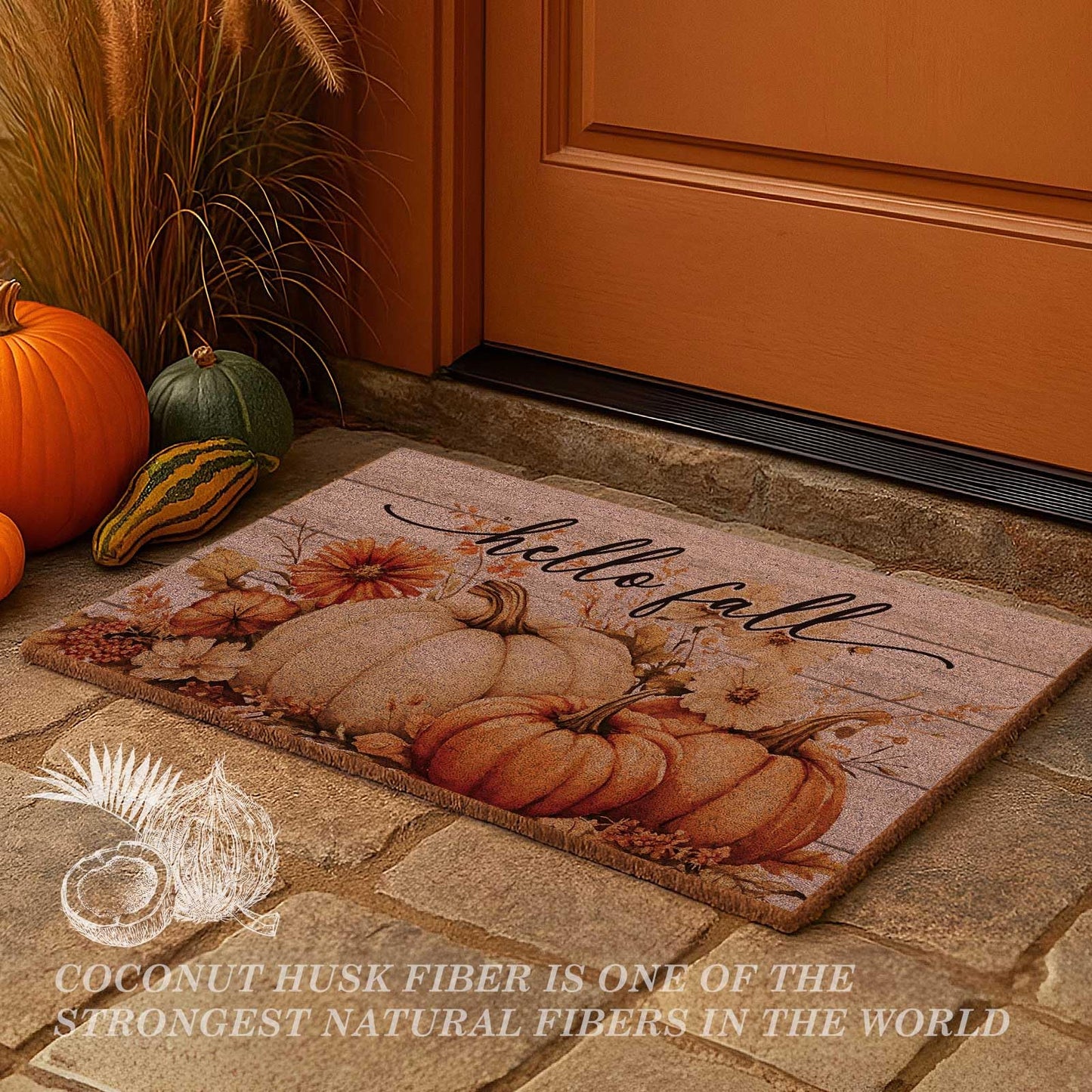 Lanpn Fall Welcome Natural Coir Door Mat, Hello Fall Harvest Pumpkin Coco Front Door Outdoor Doormat Outside Entrance Porch Non Slip Rubber Rug Autumn Halloween Thanksgiving Farmhouse Decor 30x17 inch