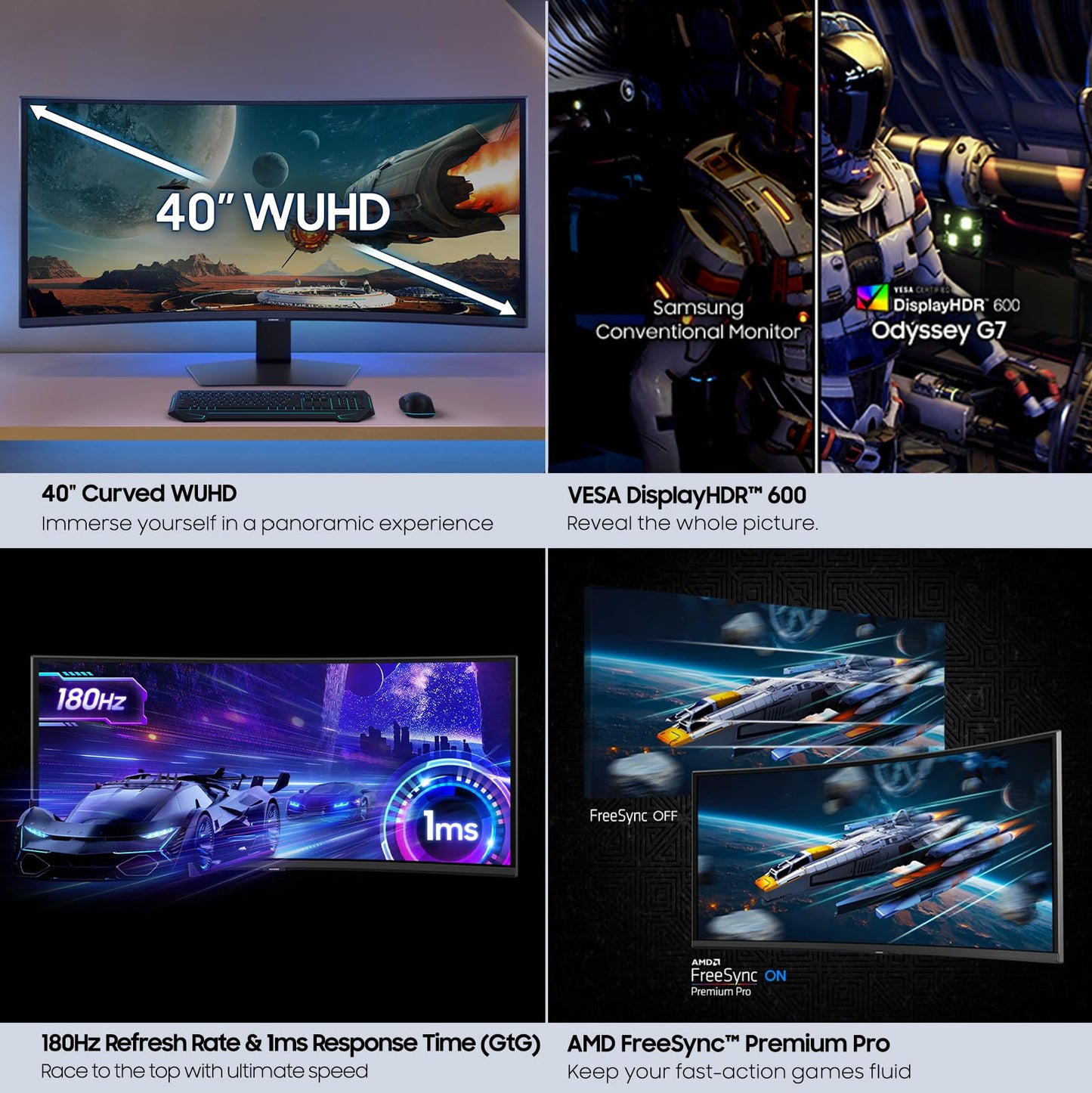 Samsung 40” Odyssey G7 (G75F) WUHD Resolution, 180Hz, Curved Gaming Monitor, 1ms Response Time (GtG), VESA DisplayHDR™ 600, AMD FreeSync™ Premium Pro, LS40FG75DENXZA, 2025