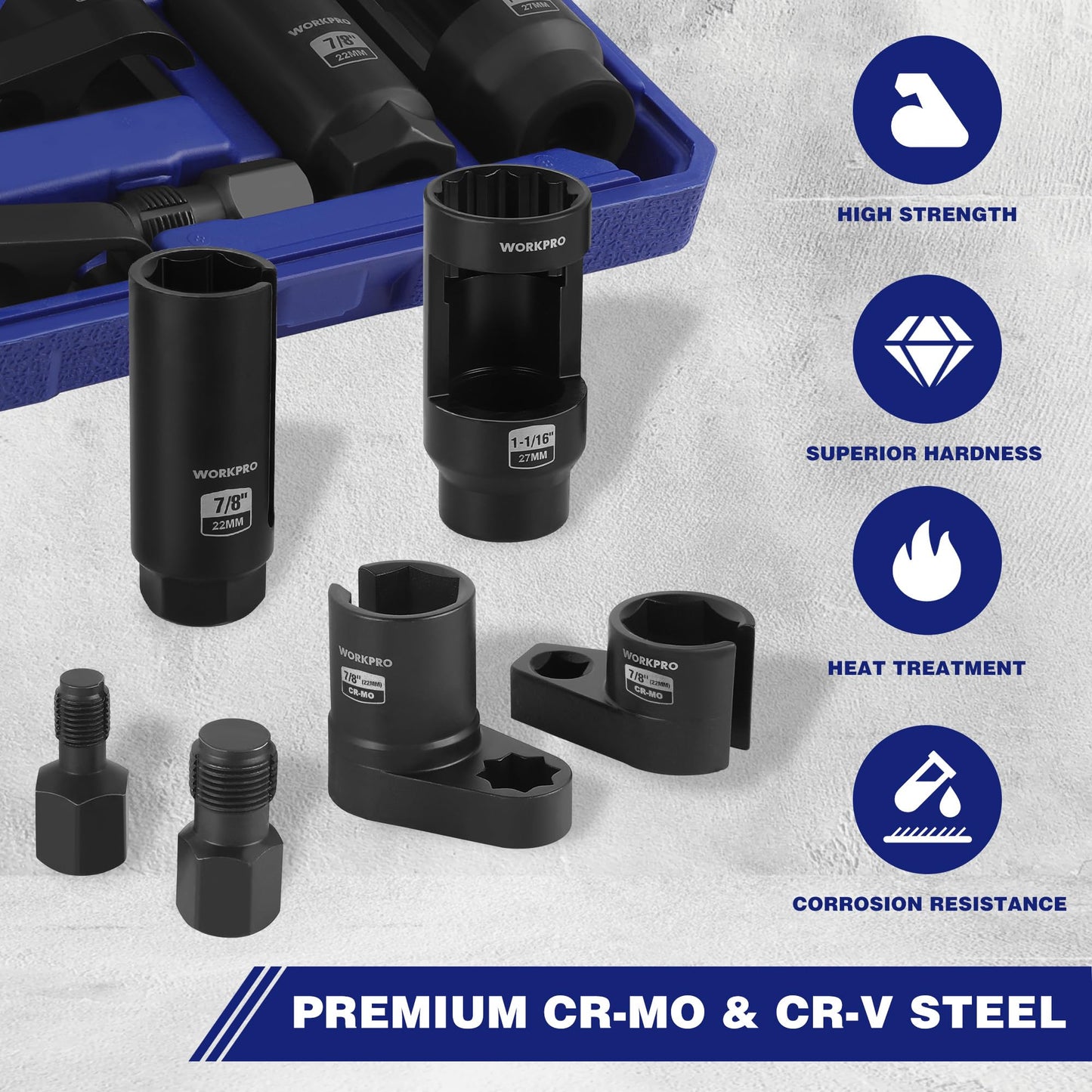 WORKPRO 6PCS O2 Oxygen Sensor Socket, Automotive 3/8" 1/2" Drive x 1-1/16" 7/8" 27mm 22mm O2 Sensor Socket Removal Tool and Thread Chaser Set, for Oil Pressure Vacuum Thermal Oxygen Sensors