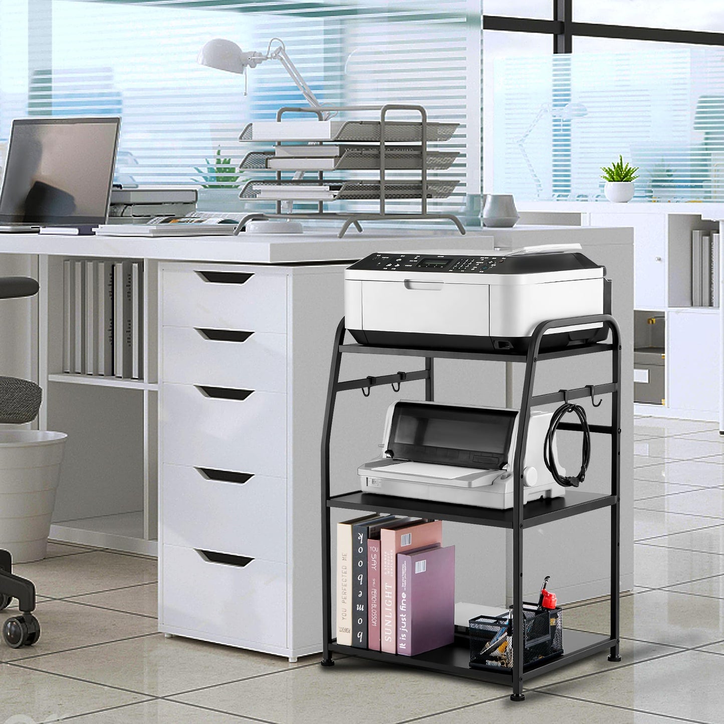 Vividwood Printer Stand - Large 3 Tier Printer Table with Adjustable Storage Shelf - Rolling Cart with Wheels -Stable Desk for Home Office Use (Black)